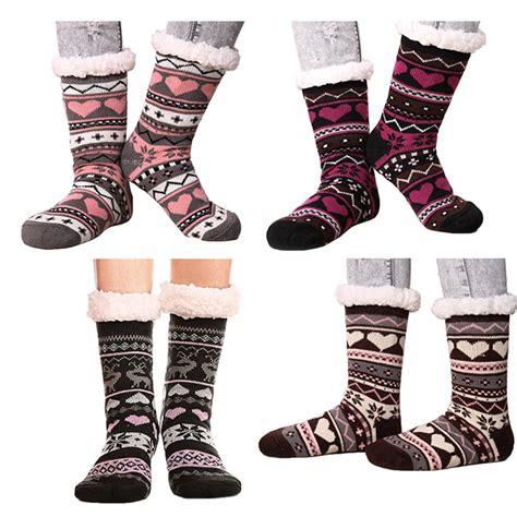 Womens Winter Socks Soft Warm Cozy Fuzzy Fleece Lined Xmas Thick Socks T With Gripper