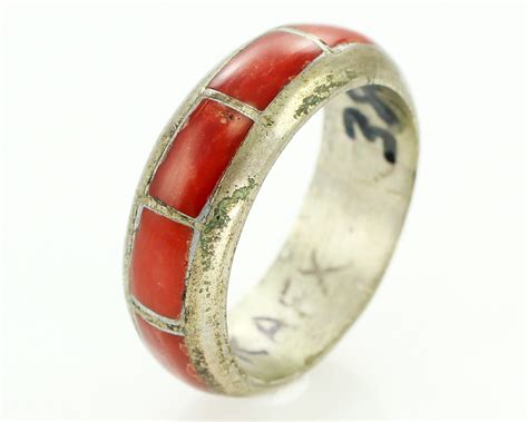 Silver Coral Wedding Band Southwestern Sterling Inlaid Domed Ring