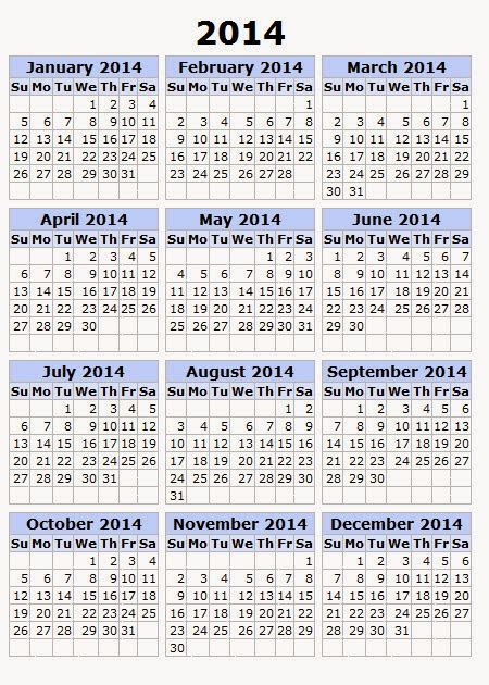 Yearly Calendar 2014 Printable Calendar 2014 Blank Calendar 2014