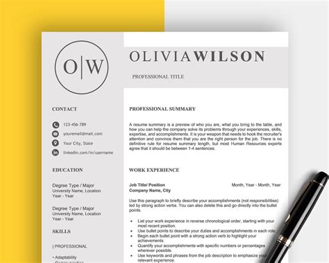 Modern Resume Template For Word Monogram Resume Tempalte Etsy