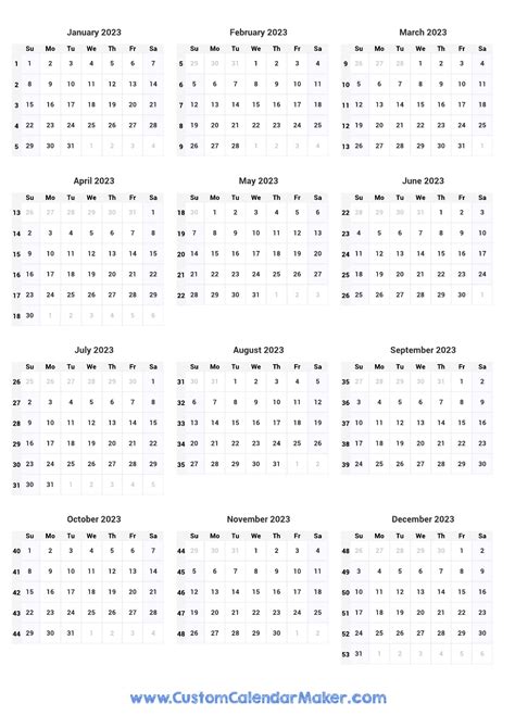 2023 One Page Yearly Calendar With Week Numbers Weekly January Vrogue