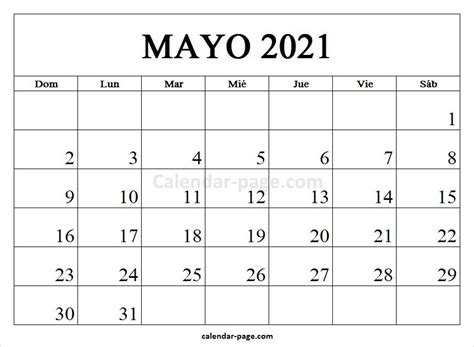 Mayo 2021 Calendario Calendario 2021 En Espa Ol Para Imprimir In 2021