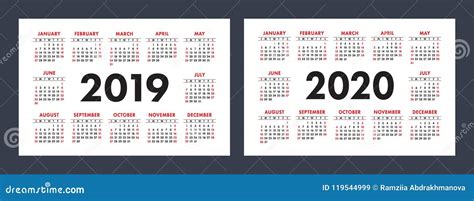 Vector Calendars 2019 And 2020 Years Basic Minimalistic Design Stock