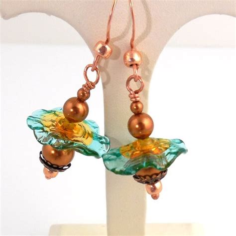 Turquoise And Copper Dangle Earrings Lampwork Earrings Drop Etsy