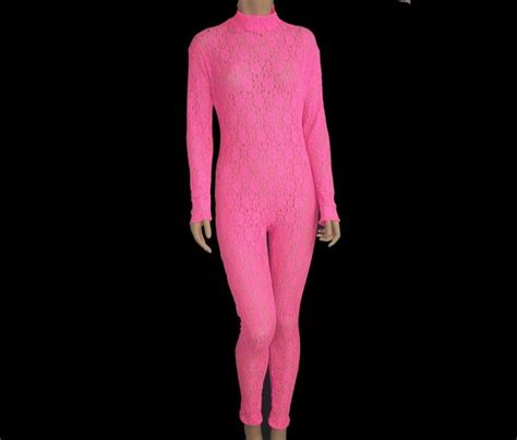 Hot Pink Neon Stretch Lace Unitard Catsuit Bodysuit Jumpsuit
