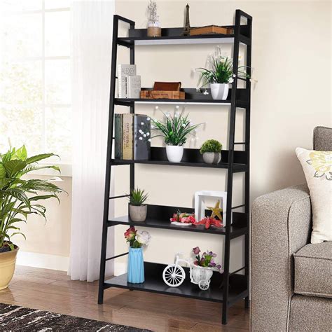 5 Tier Bookcase 5 Shelf Ladder Bookshelf Metal Frame And Wood Shelves