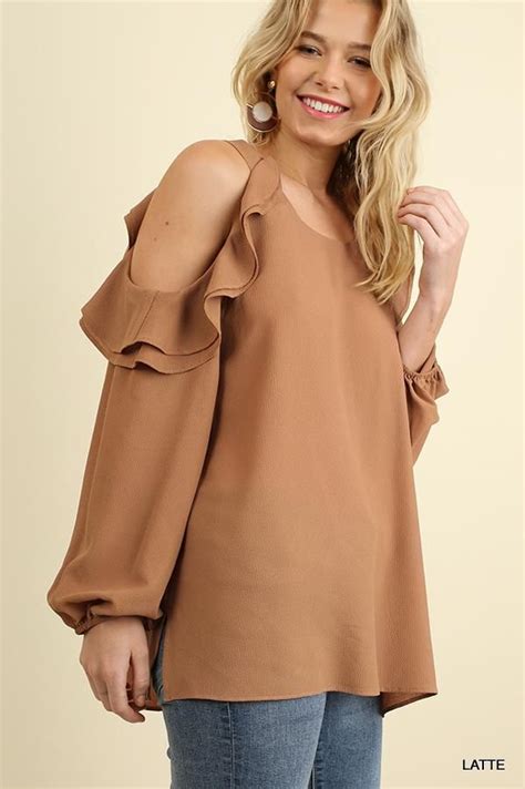 Puff Sleeve Top With Open Ruffled Shoulders And Side Slits Women