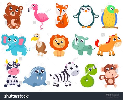 Big Set Cute Cartoon Animals Vector Stock Vector Royalty Free