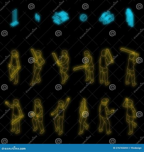 Kids Playing Cricket Icons Set Vector Neon Stock Vector Illustration