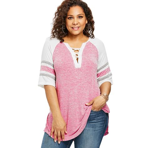 Wipalo Plus Size Lace Up Side Split Marled T Shirt Casual V Neck Half