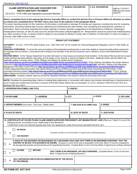 Dd Form 397 Claim Certification And Voucher For Death Gratuity