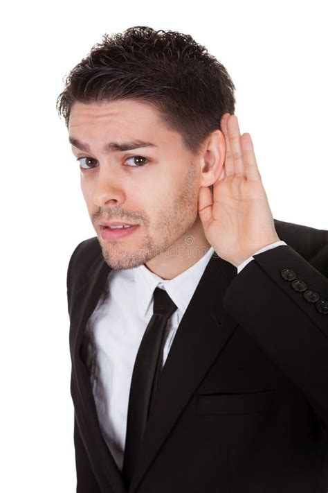 Businessman Holding His Hand To His Ear Stock Photo Image Of Sound