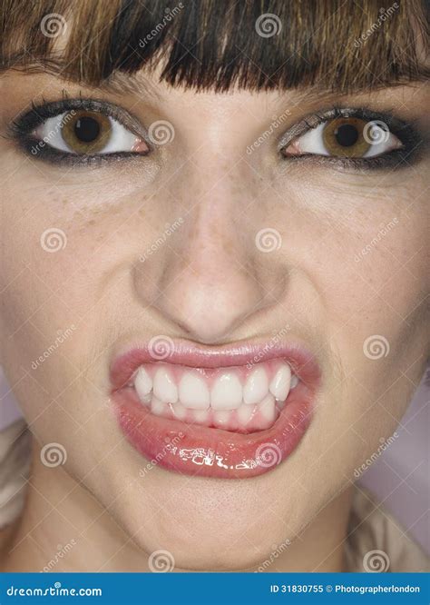 Young Woman Clenching Teeth Stock Image Image Of Grimacing Brown