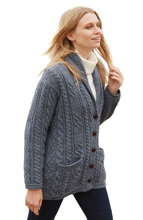 Cable Knit Cardigan Merino Wool Sweater Pockets Shawl Collar Button