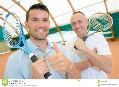 Portrait Two Men On Tennis Court Stock Photo Image Of Racket