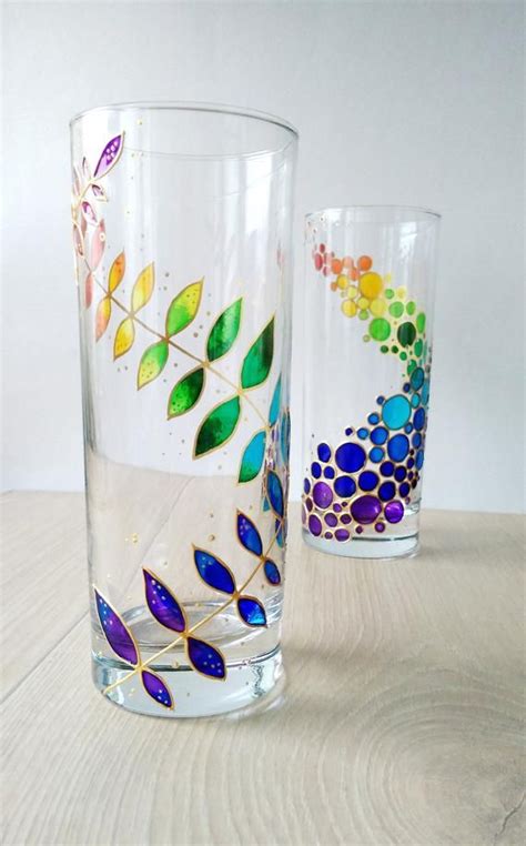 Rainbow Drinking Glasses Set Of 2 Hand Painted Floral Colorful Etsy Broken Glass Art Sea