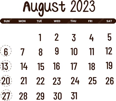 Calendario Agosto 2023 Sencillo Png Agosto Agosto 2023 Calendario