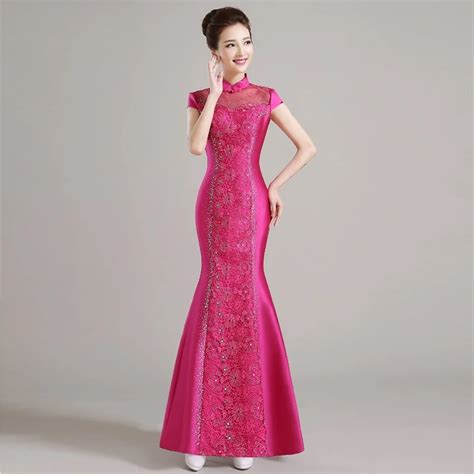 Sexy Mermaid Purple Cheongsam Formal Chinese Dresses Diamond Hollow Retro Collar Formal Chinese