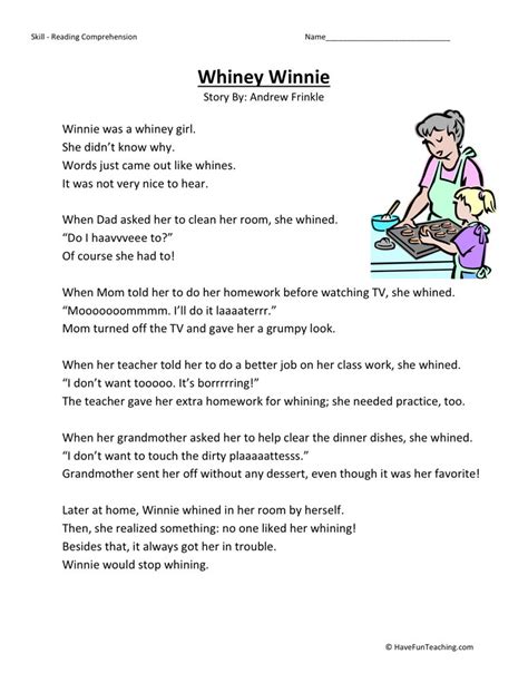 For exercises, you can reveal the answers first (submit worksheet) and print the page to have the exercise and the answers. Reading Comprehension Worksheet - Whitney Winnie