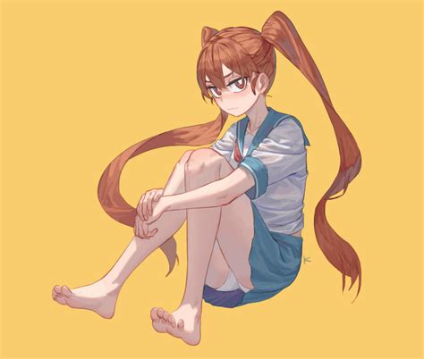Safebooru Absurdres Barefoot Blue Skirt Bright Pupils Brown Eyes Brown Hair Closed Mouth