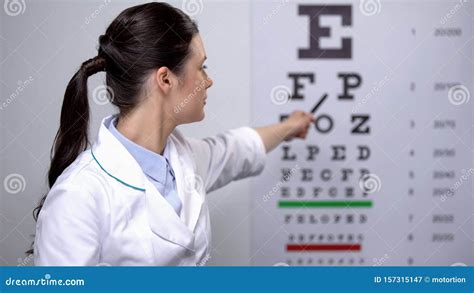 Female Ophthalmologist Showing Letters On Eye Chart Vision Check Up