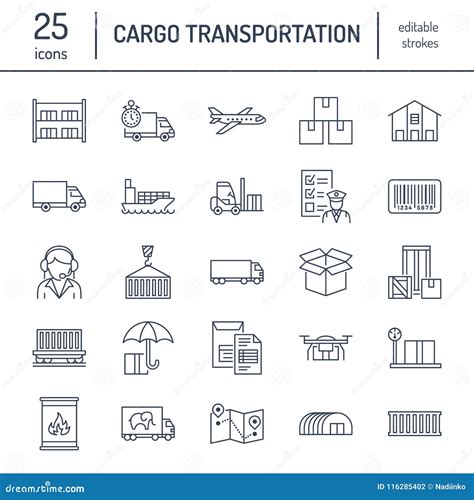 Cargo Transportation Flat Line Icons Trucking Express Delivery