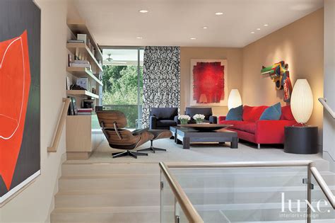 Red Accented Contemporary Sitting Room Luxe Interiors Design