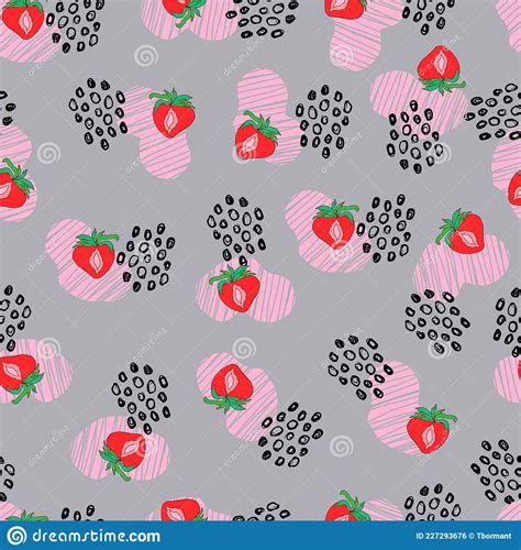 Strawberry Berry Vector Seamless Pattern With Dots And Abstract Spots