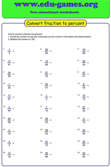 Converting Fractions To Percents Whole Numbers Worksheet