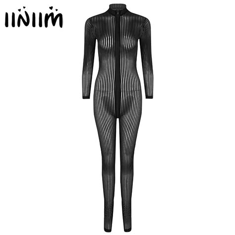 women sexy night costumes bodysuits striped lingerie zipper sheer smooth open crotch wetlook