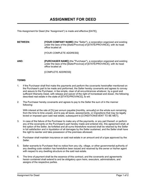 Printable Deed Of Assignment Template