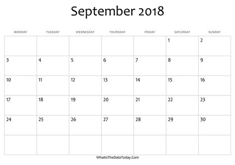 Blank September Calendar 2018 Editable Whatisthedatetodaycom