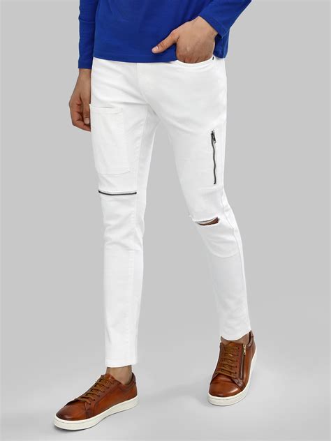 The men's slim fit pant bridges the gap between modernity and classic trouser style. Buy Kultprit White Slim Fit Jeans With Knee Zip for Men ...