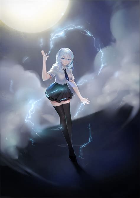 Download 2560x1440 Anime Girl Magic Lightning Moon