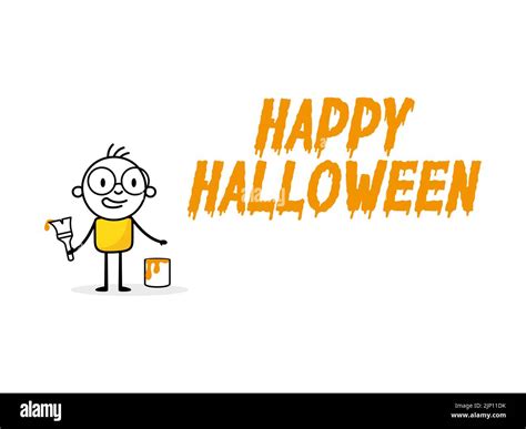 Man Draws Yellow Words Happy Halloween Cartoon Halloween Character