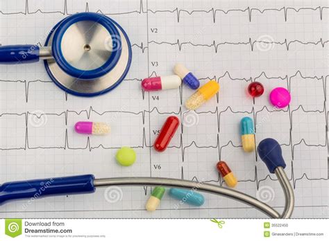 Stethoscope And Tablets On An Ecg Stock Photo Image Of