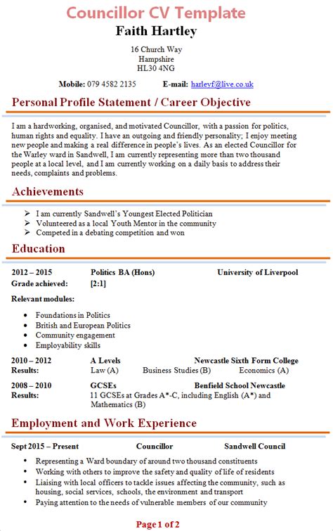 Curriculum vitae sample & template a curriculum vitae (cv) provides a summary of your experience, academic background. cv-for-councillor