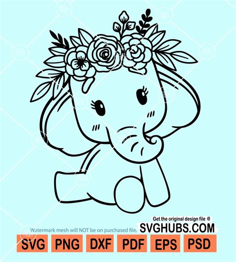 Baby Elephant With Flowers Svg Floral Elephant Svg Floral Svg Cute