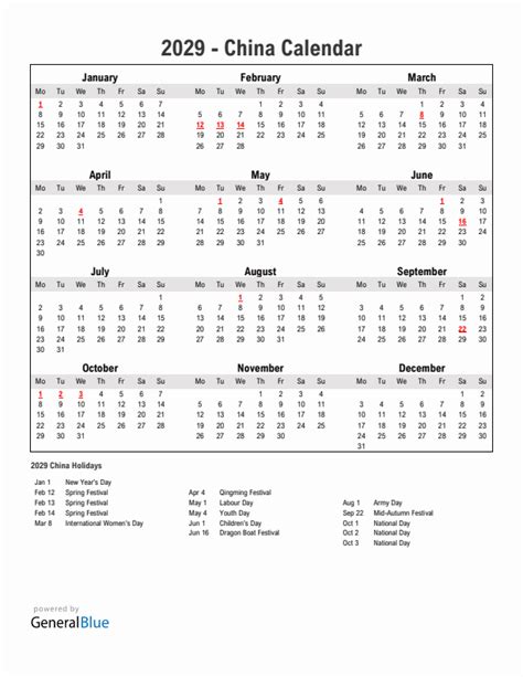 2029 China Calendar With Holidays