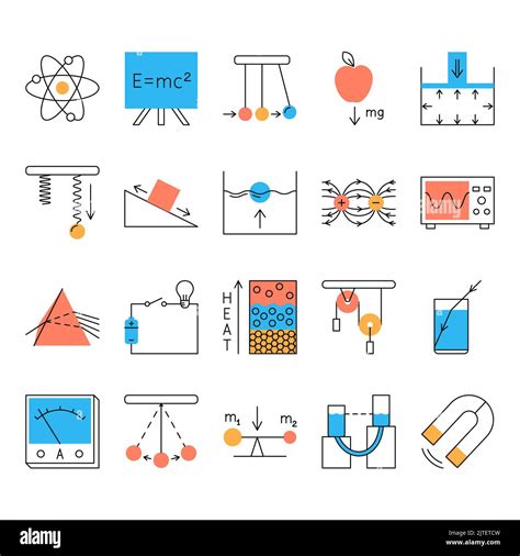 Physics Science Icon Set In Line Style Physical Laws And Symbols