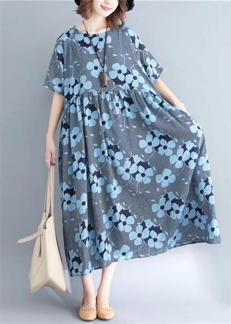 Stylish Blue Print Short Sleeve Summer Cotton Dress Cotton Dress