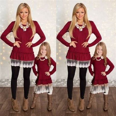 Mom Girls Red Lace Christmas Dress Long Sleeve Solid Color Mother