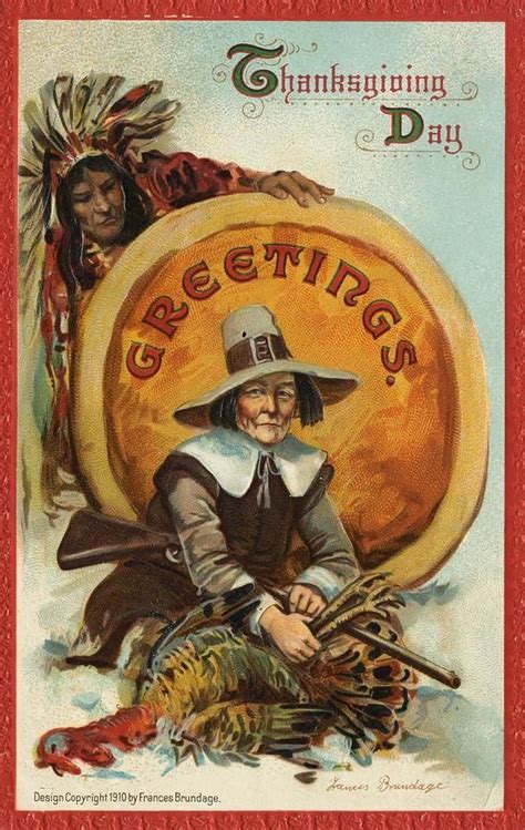postcard of pilgrim plucking a turkey by american school thanksgiving greetings vintage