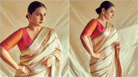 vidya balan s embroidered white saree with pink blouse is a must have all pics fashion trends