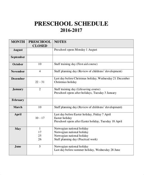 Preschool Schedule Template 9 Free Sample Example Format Download