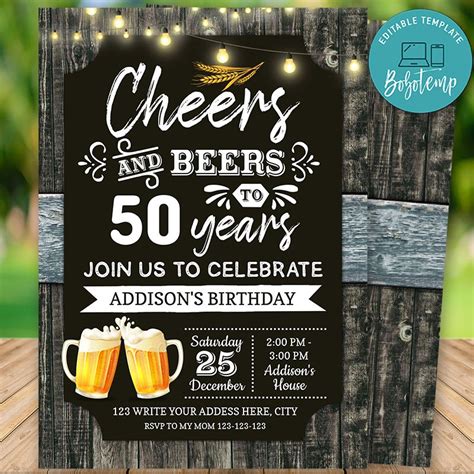 Printable 50th Cheers And Beers Birthday Party Invitation Diy Bobotemp