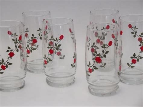White Floral And Red Rose Designs Vintage Clear Glass Tumblers Blue Striped Set Of 3 Lemonade