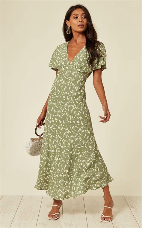 Short Sleeve Midi Dress In Sage Green Ditsy Floral Another Look