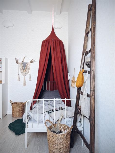 Canopies can be draped over canopy frames or bed posters, or they can be hung from the ceiling — even if the ceiling is slanted. Bed hanging canopy natural linen TERRACOTTA 11 colors ...