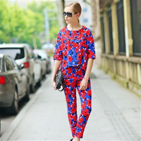 2017 fashion woman summer pant set suit two piece suits female trouser sets chiffon red twin 2